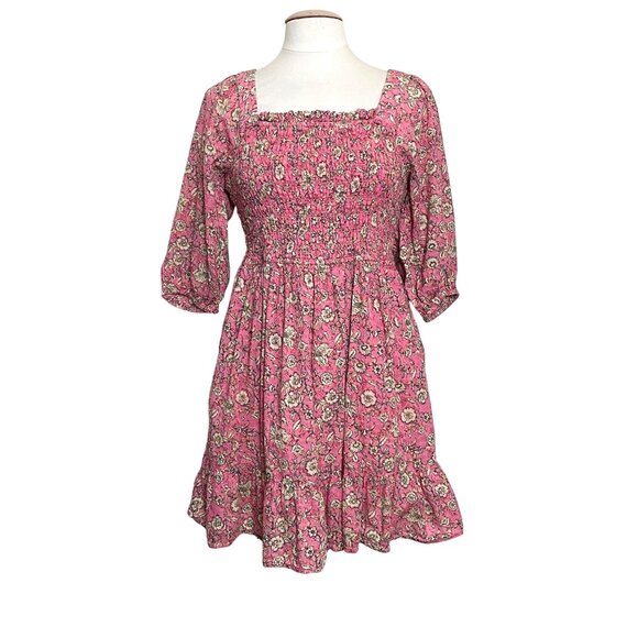 Jessica Simpson Dresses & Skirts - Jessica Simpson Womens Pink Floral Milkmaid Smocked Dress Lg Boho Cottagecore